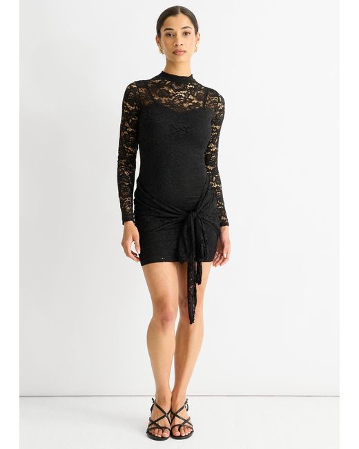 Gini London Black Stretch Lace Tie Front Side Bodycon Mini Dress
