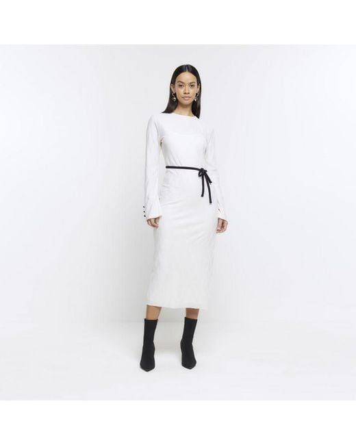 River Island White Bodycon Midi Dress Plisse Belted