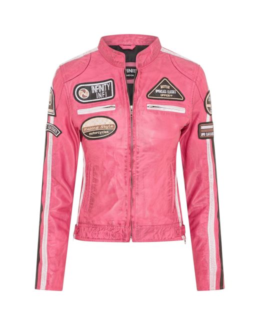 Infinity Leather Pink Biker Racing Badges Jacket-Maple Lamb Leather