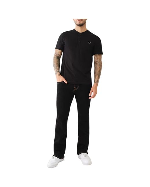 True Religion Black 108426 Henley T Shirt Short Sleeve Logo Placket Cotton Tee for men