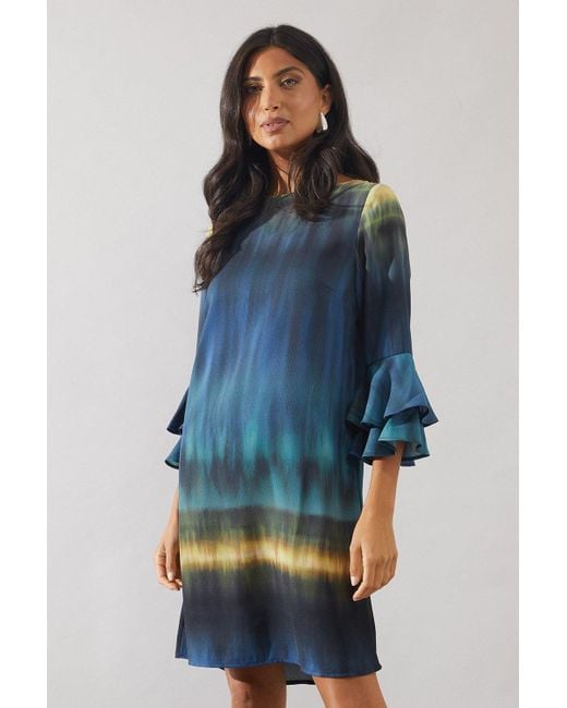 Wallis Blue Ombre Print Flute Sleeve Shift Dress