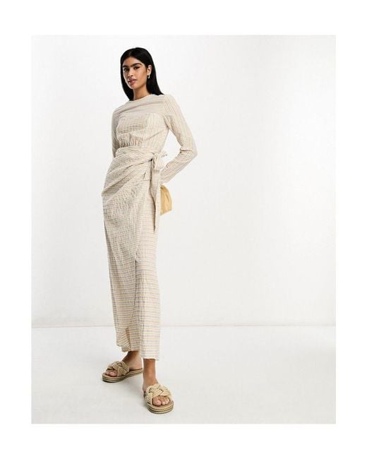 ASOS White Textured Maxi Dress With Wrap Skirt Stripe-Multi