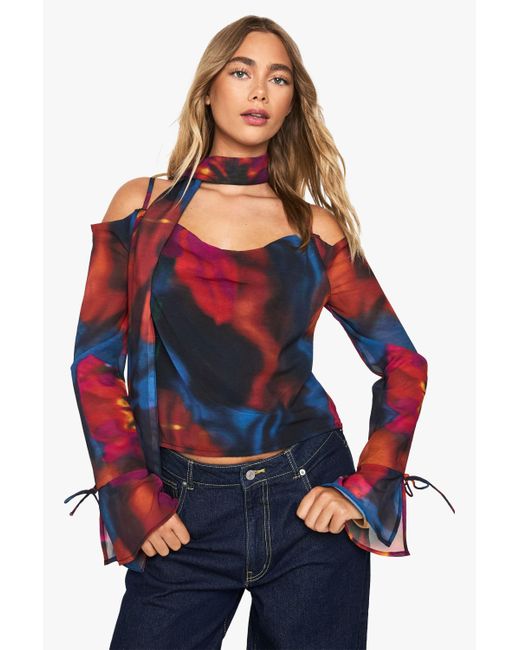 Boohoo Red Abstract Floral Chiffon Cowl Neck Scarf Top