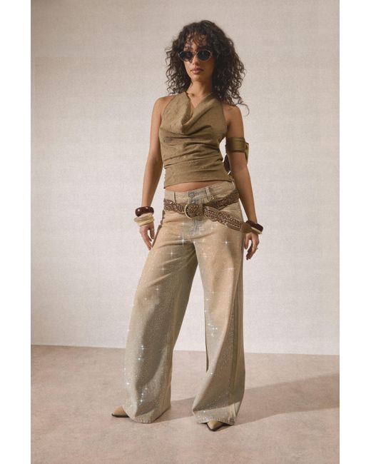 Boohoo Natural Embellished High Waisted Wide Leg Jean