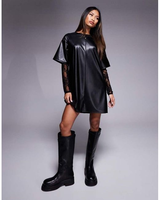 ASOS Black Pu T Shirt Mini Dress With Lace Sleeves