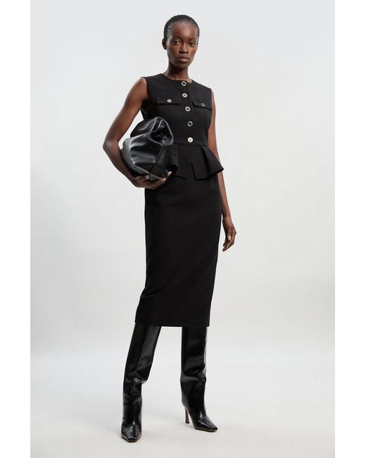 Karen Millen Black Compact Stretch Peplum Tailored Midi Dress
