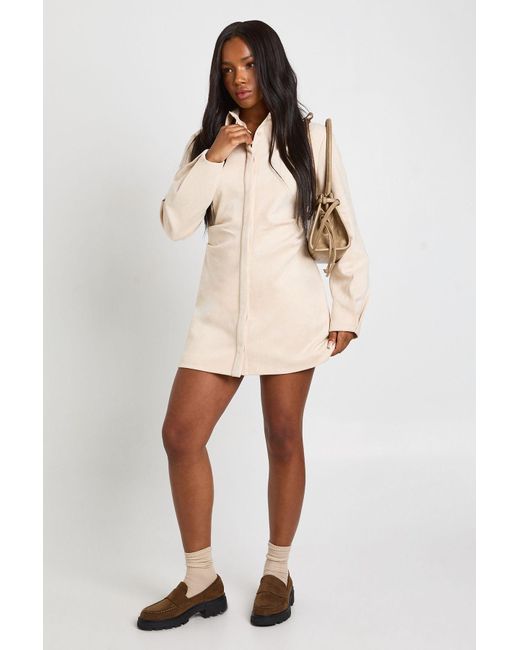 Boohoo Natural Faux Suede Cinched Waist Collared Mini Dress
