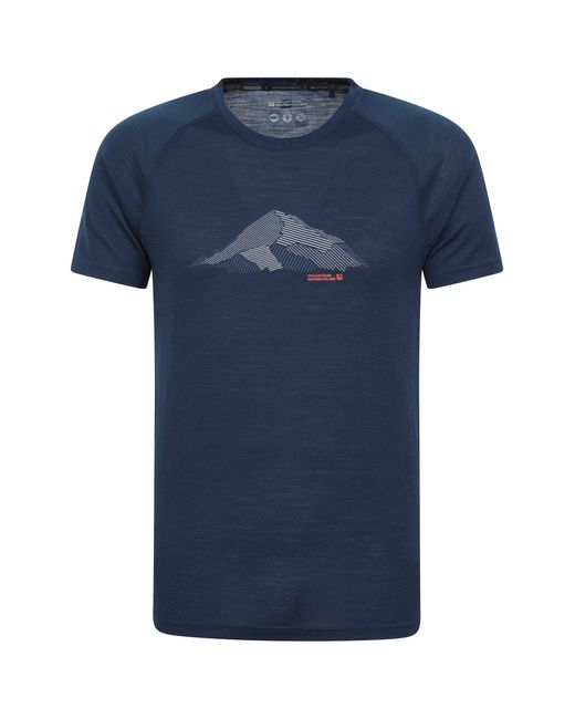 Mountain Warehouse Blue 'Quest' Merino Printed Graphic T-Shirt Casual Short Sleeve Crew Tee Top for men