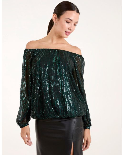 Blue Vanilla Green Elastic Neck Puffball Sequin Top