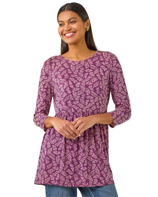 Roman Purple Leaf Print Gathered Tunic Top