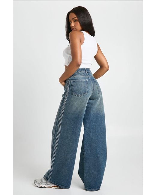 Boohoo Blue Stitched Detail High Waist Wide Leg Jean