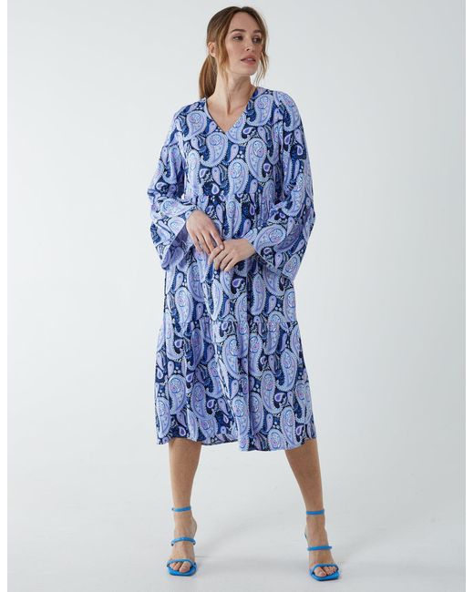 Blue Vanilla Blue Paisley V Neck Midi Dress