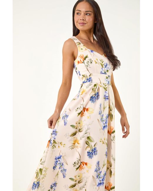 Roman White Petite Floral Print Premium Stretch Midi Dress