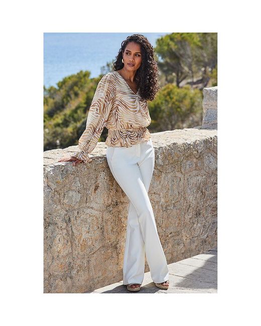 Sosandar Brown Natural Zebra Print Ruffle Hem Shirred Detail Wrap Top