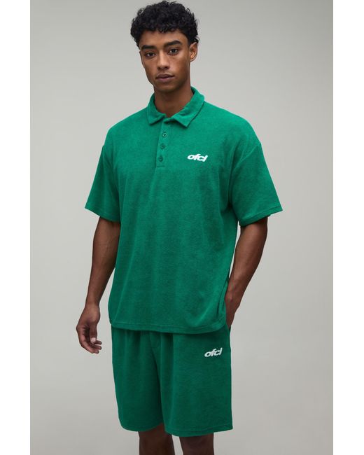 BoohooMAN Green Oversized Towelling Polo & Baggy Short Set for men