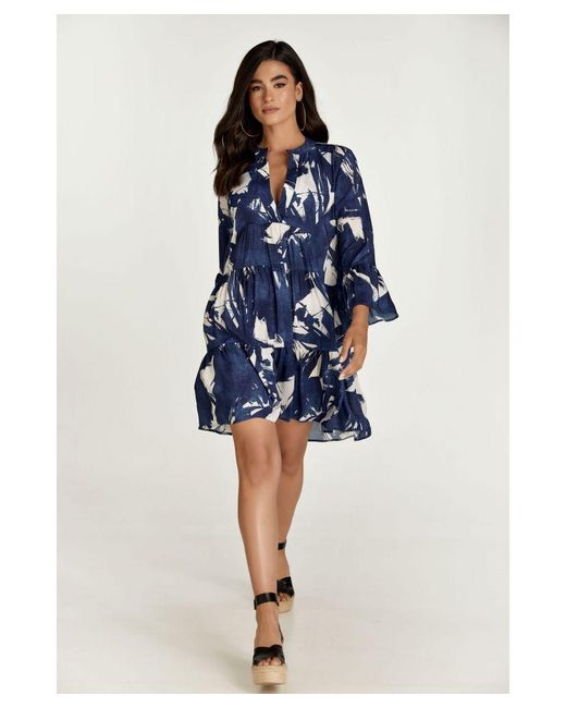 Conquista Blue And A Line Dress With Bell Sleeves