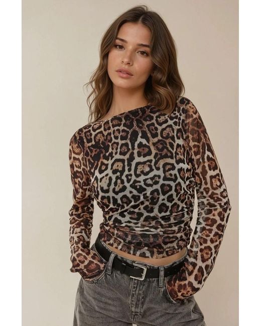 Hiccup Brown Leopard Print Boat Neck Draped Top