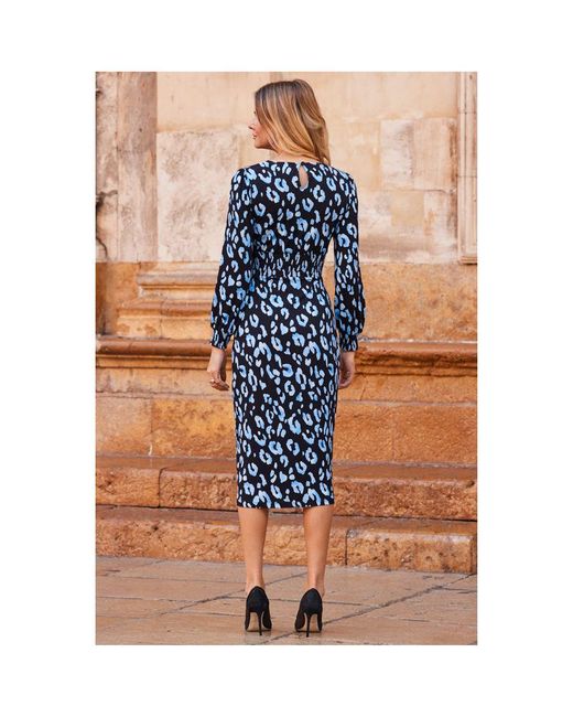 Sosandar Blue Print Shirred Waist Jersey Dress