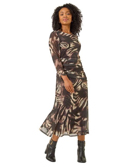 Roman Brown Petite Animal Print Mesh Ruched Midi Dress