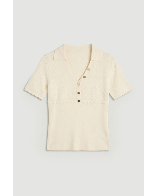 Karen Millen Natural Plus Size Knit Stitch Detail Rib Collared Short Sleeve Top