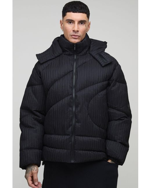 BoohooMAN Blue Tall Oversized Crinkle Funnel Neck Hooded Abstract Quilted Puffer Jacket for men