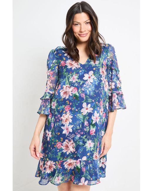 Wallis Blue Floral Print Ruffle Shift Dress