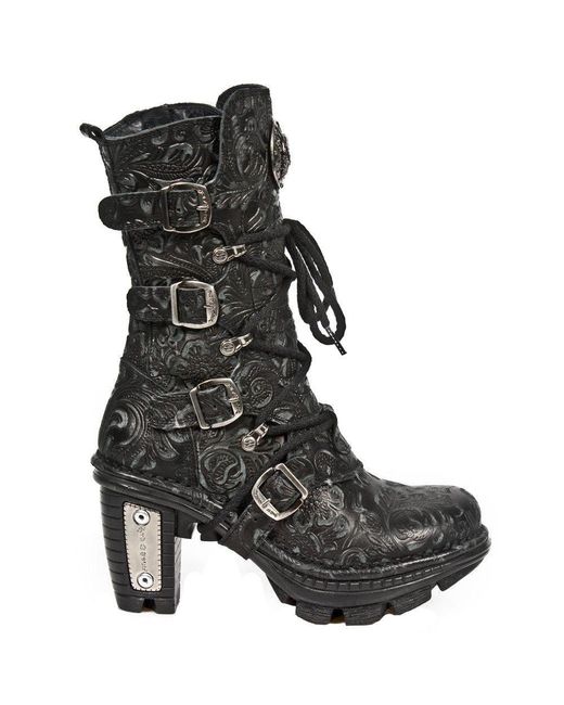 New Rock Black Ladies Floral Gothic Leather Boots- Neotr005-S25