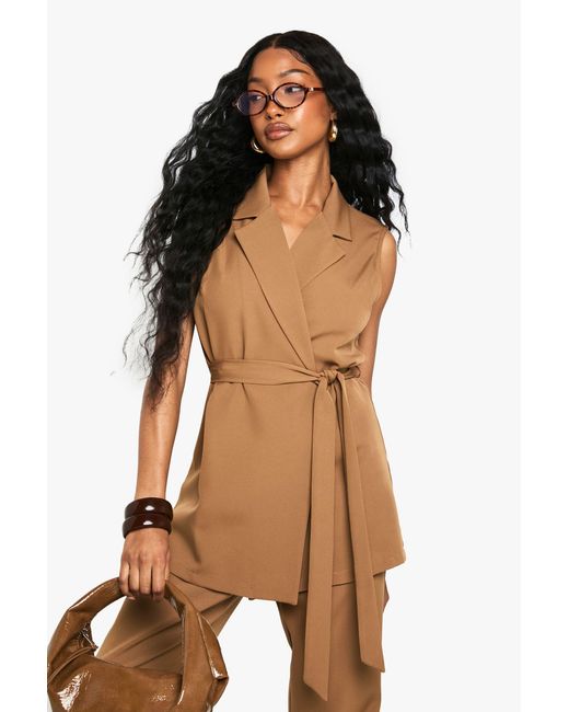 Boohoo Brown Tie Waist Shoulder Pad Waistcoat