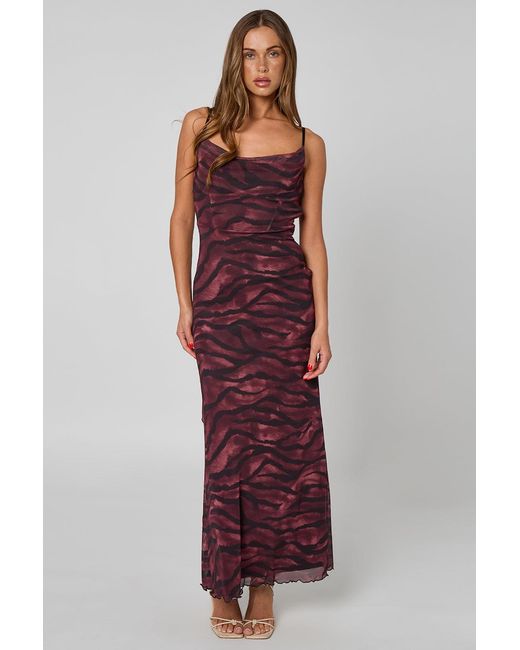 Urban Bliss Red Zebra Cowl Corset Maxi Dress With Ruffles