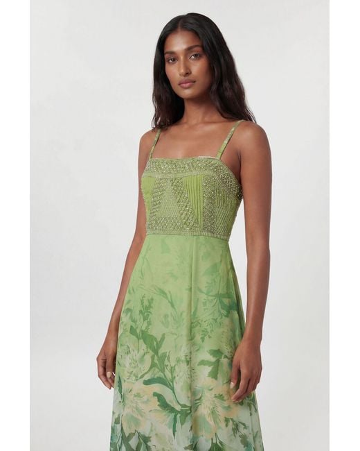 Karen Millen Green Embellished Ombre Floral Pleated Woven Bandeau Maxi Dress