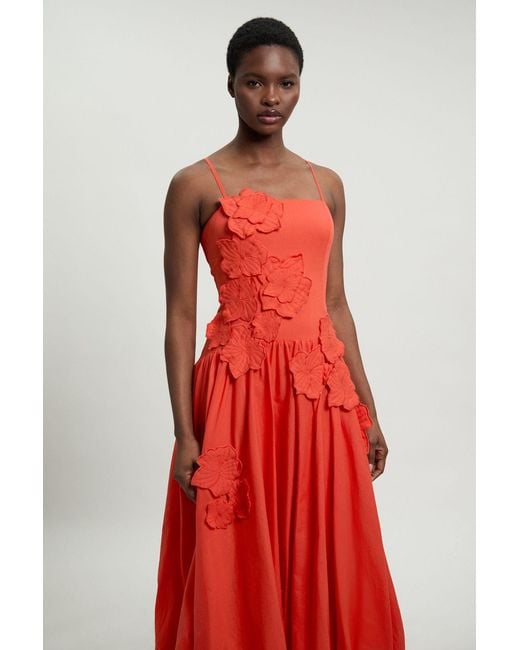 Karen Millen Red Cotton Linen 3D Floral Bubble Hem Midi Dress
