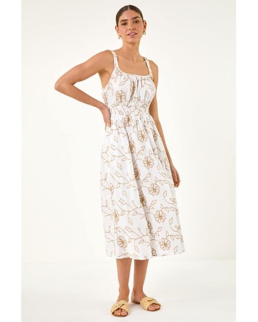 Roman White Embroidered Strappy Midi Dress