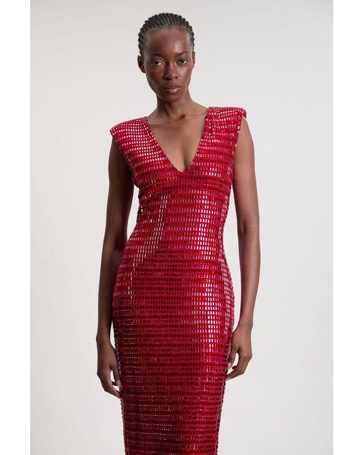 Karen Millen Red Premium Crystal Embellished Jersey Sleeveless Plunge Neck Midi Dress