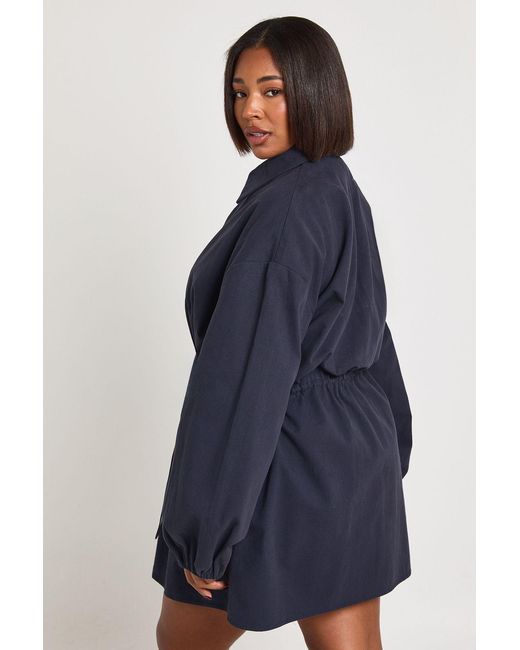 Boohoo Blue Plus Cotton Twill Cinched Waist Zip Up Utility Dress