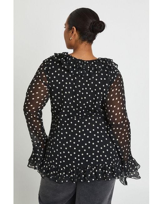 Boohoo Black Plus Chiffon Polka Dot Ruffle Top