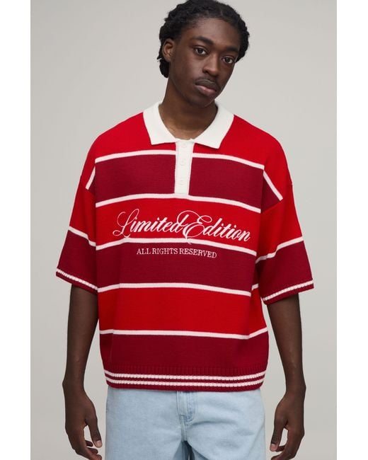 BoohooMAN Regular Varsity Striped Embroidered Knitted Polo for men