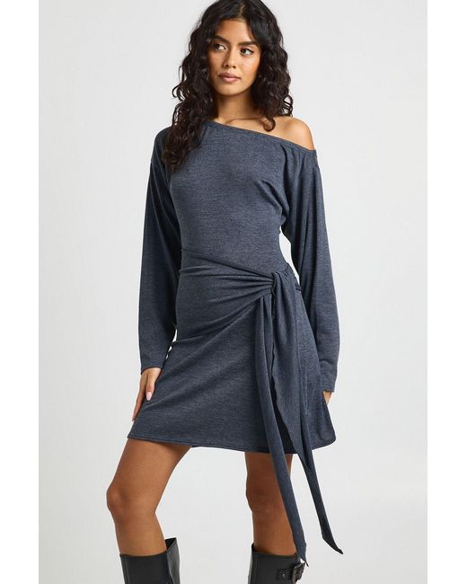 Boohoo Blue Marl Asym Shoulder Tie Waist Mini Dress
