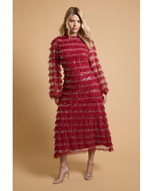 Oasis Red Long Sleeve Printed Mesh Midi Dress