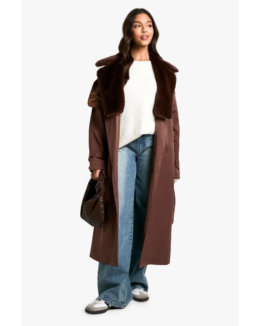 Boohoo Brown Fur Trim Trench Coat