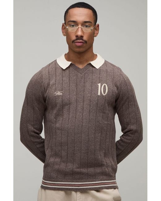 BoohooMAN Brown Regular Fit V Neck Ribbed Knitted Polo for men