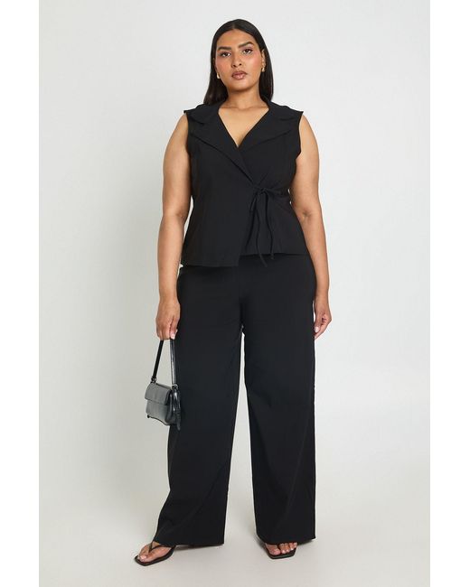 Boohoo Blue Plus Bengaline V Neck Wrap Over Waistcoat & Wide Leg Trouser Co Ord