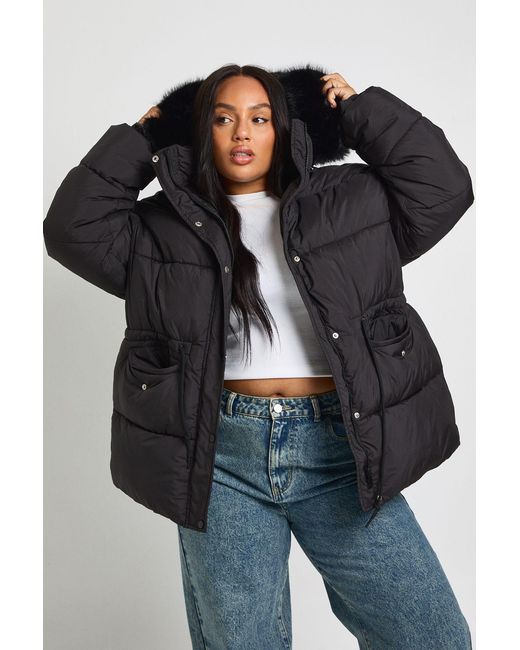 Boohoo Black Plus Faux Fur Trim Parka
