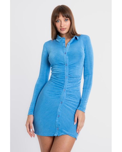 Hiccup Blue Polo Collar Buttoned Long Sleeve Midi Bodycon Dress