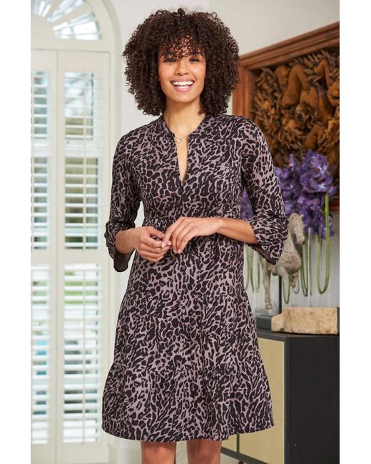 Sosandar Gray Charcoal Animal Print Fluted Sleeve Shift Dress