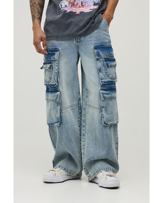BoohooMAN Blue Washed Multi Pocket Baggy Fit Cargo Jeans for men