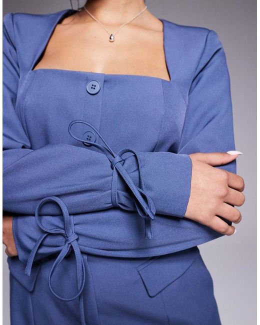 Kaiia Blue Exclusive Square Neck Bow Cuff Detail Tailored Blazer Mini Dress