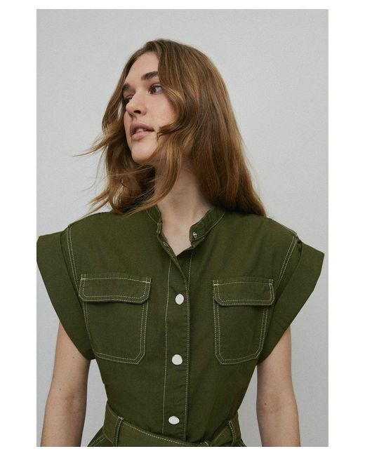 Warehouse Green Twill Belted Patch Pocket Mini Dress