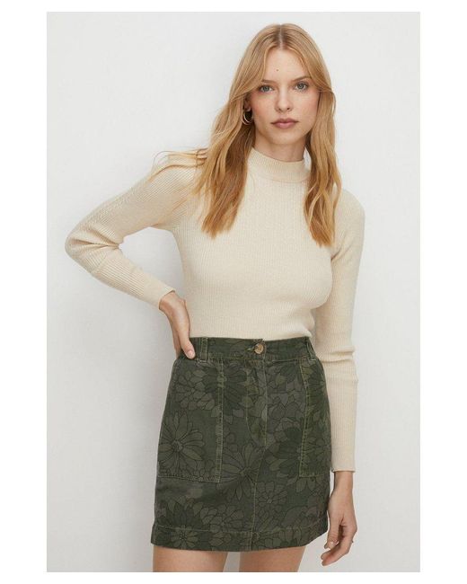 Oasis Green Floral Printed Canvas Utility Skirt Cotton