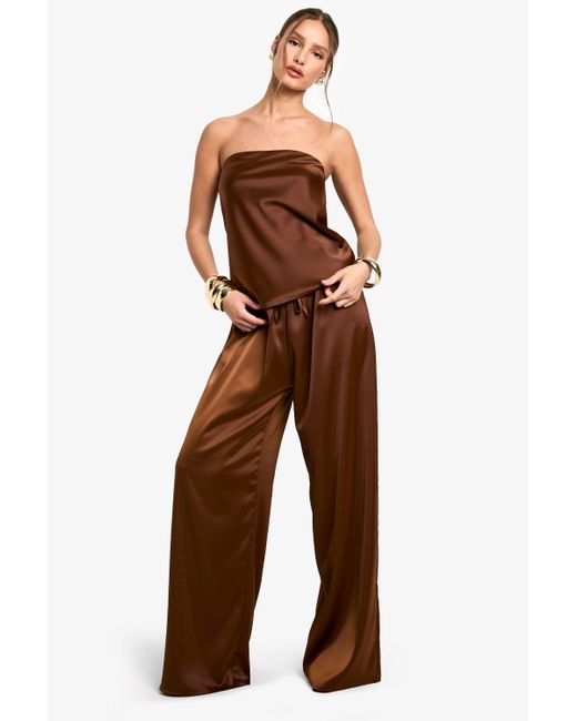 Boohoo Brown Satin Longline Bandeau & Drawstring Waist Wide Leg Trouser Set