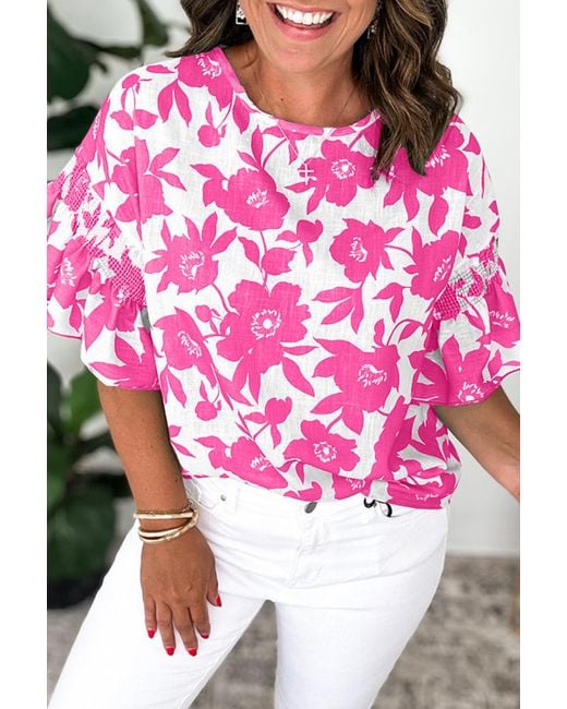 Azura Exchange Bloemendruppel Blouse Met Rimpel Mouwen in het Pink